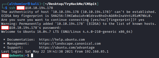 login ssh using found username and password